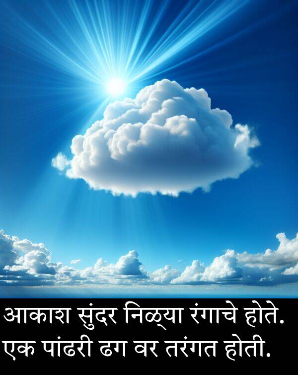 रंगाचे: आकाश सुंदर निळ्या रंगाचे होते. एक पांढरी ढग वर तरंगत होती.