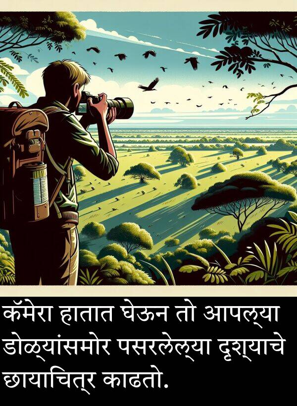छायाचित्र: कॅमेरा हातात घेऊन तो आपल्या डोळ्यांसमोर पसरलेल्या दृश्याचे छायाचित्र काढतो.