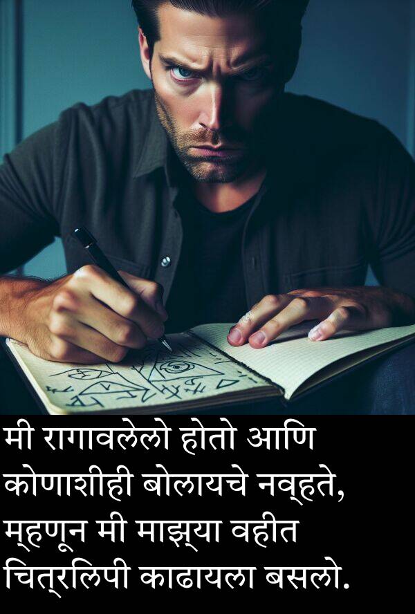 रागावलेलो: मी रागावलेलो होतो आणि कोणाशीही बोलायचे नव्हते, म्हणून मी माझ्या वहीत चित्रलिपी काढायला बसलो.