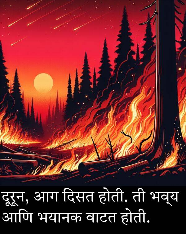 दूरून: दूरून, आग दिसत होती. ती भव्य आणि भयानक वाटत होती.