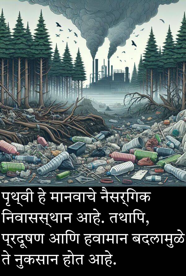 तथापि: पृथ्वी हे मानवाचे नैसर्गिक निवासस्थान आहे. तथापि, प्रदूषण आणि हवामान बदलामुळे ते नुकसान होत आहे.