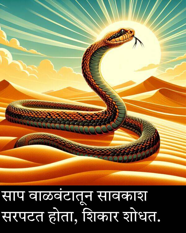 वाळवंटातून: साप वाळवंटातून सावकाश सरपटत होता, शिकार शोधत.