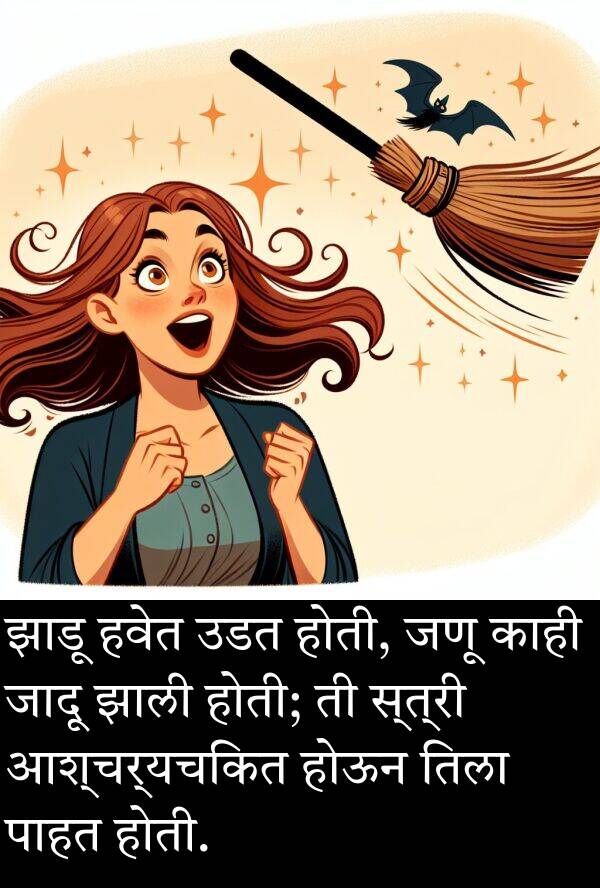 झाली: झाडू हवेत उडत होती, जणू काही जादू झाली होती; ती स्त्री आश्चर्यचकित होऊन तिला पाहत होती.