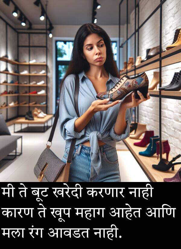महाग: मी ते बूट खरेदी करणार नाही कारण ते खूप महाग आहेत आणि मला रंग आवडत नाही.