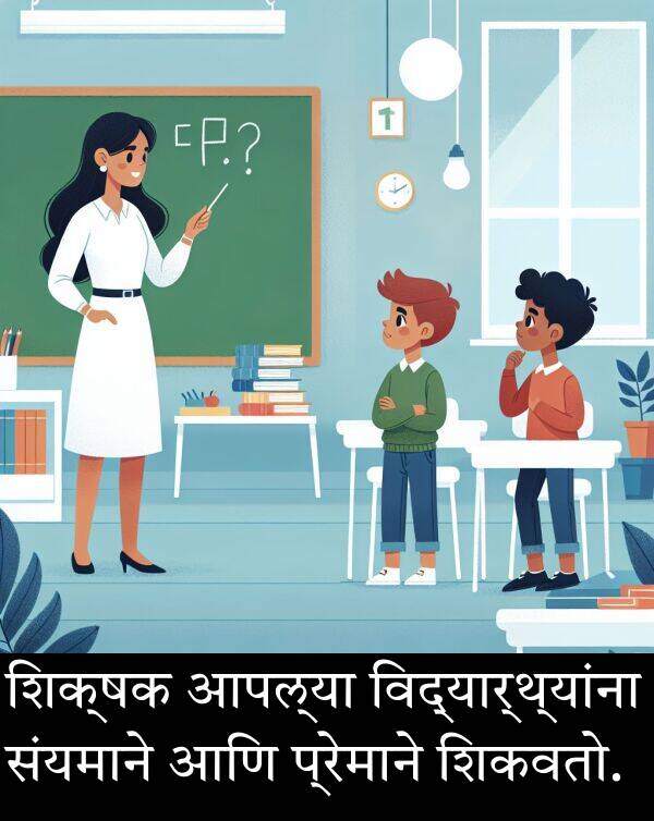 शिकवतो: शिक्षक आपल्या विद्यार्थ्यांना संयमाने आणि प्रेमाने शिकवतो.