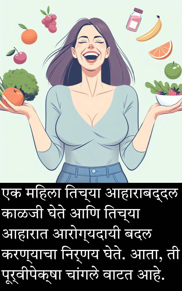 घेते: एक महिला तिच्या आहाराबद्दल काळजी घेते आणि तिच्या आहारात आरोग्यदायी बदल करण्याचा निर्णय घेते. आता, ती पूर्वीपेक्षा चांगले वाटत आहे.