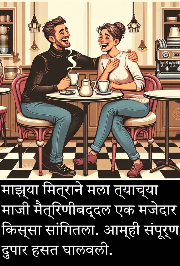 घालवली: माझ्या मित्राने मला त्याच्या माजी मैत्रिणीबद्दल एक मजेदार किस्सा सांगितला. आम्ही संपूर्ण दुपार हसत घालवली.