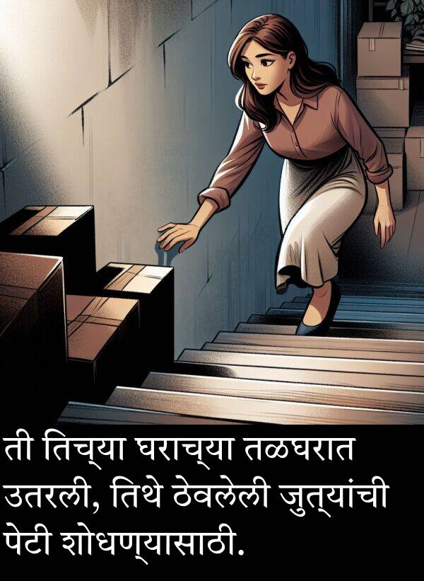 घराच्या: ती तिच्या घराच्या तळघरात उतरली, तिथे ठेवलेली जुत्यांची पेटी शोधण्यासाठी.