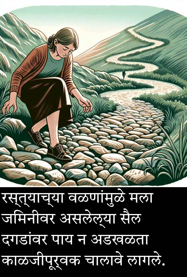 दगडांवर: रस्त्याच्या वळणांमुळे मला जमिनीवर असलेल्या सैल दगडांवर पाय न अडखळता काळजीपूर्वक चालावे लागले.