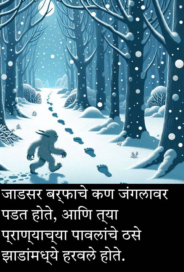 झाडांमध्ये: जाडसर बर्फाचे कण जंगलावर पडत होते, आणि त्या प्राण्याच्या पावलांचे ठसे झाडांमध्ये हरवले होते.