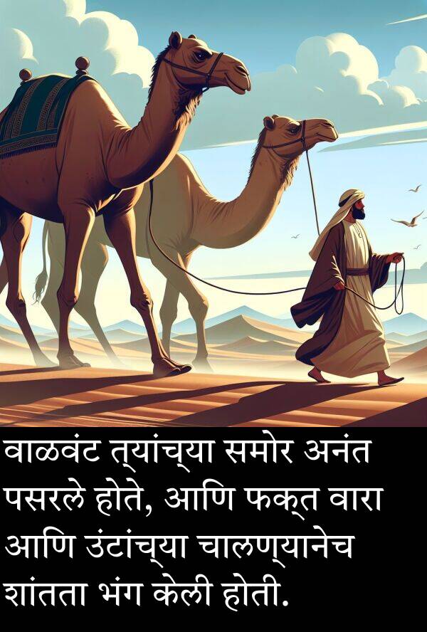 शांतता: वाळवंट त्यांच्या समोर अनंत पसरले होते, आणि फक्त वारा आणि उंटांच्या चालण्यानेच शांतता भंग केली होती.
