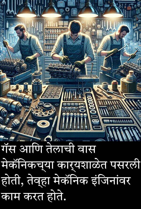मेकॅनिकच्या: गॅस आणि तेलाची वास मेकॅनिकच्या कार्यशाळेत पसरली होती, तेव्हा मेकॅनिक इंजिनांवर काम करत होते.