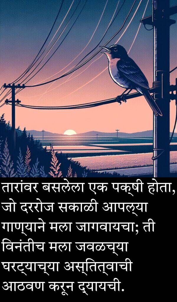 दररोज: तारांवर बसलेला एक पक्षी होता, जो दररोज सकाळी आपल्या गाण्याने मला जागवायचा; ती विनंतीच मला जवळच्या घरट्याच्या अस्तित्वाची आठवण करून द्यायची.