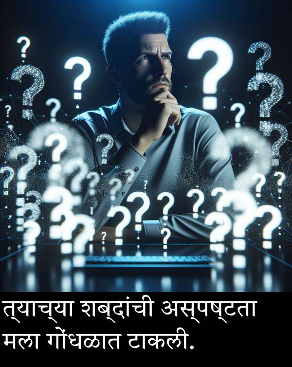 शब्दांची: त्याच्या शब्दांची अस्पष्टता मला गोंधळात टाकली.