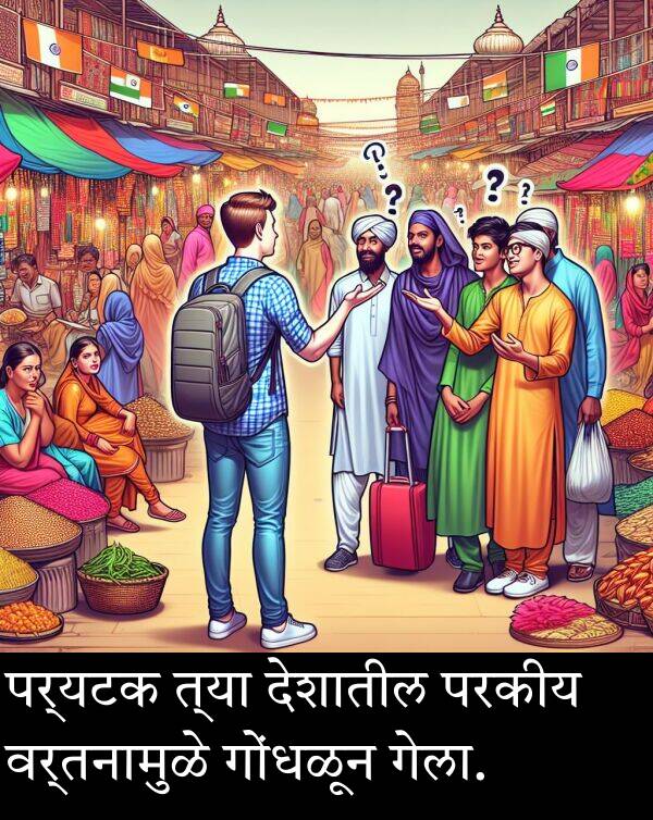 वर्तनामुळे: पर्यटक त्या देशातील परकीय वर्तनामुळे गोंधळून गेला.
