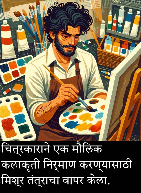 कलाकृती: चित्रकाराने एक मौलिक कलाकृती निर्माण करण्यासाठी मिश्र तंत्राचा वापर केला.