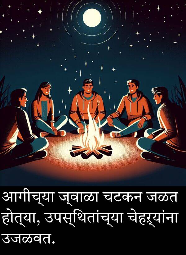 जळत: आगीच्या ज्वाळा चटकन जळत होत्या, उपस्थितांच्या चेहऱ्यांना उजळवत.