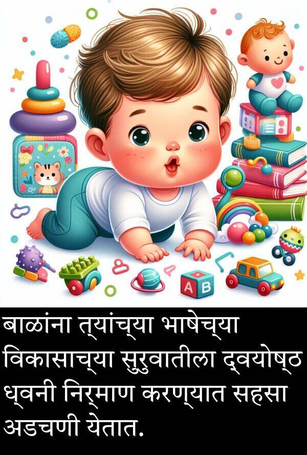 करण्यात: बाळांना त्यांच्या भाषेच्या विकासाच्या सुरुवातीला द्वयोष्ठ ध्वनी निर्माण करण्यात सहसा अडचणी येतात.