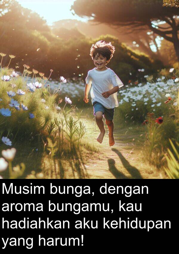 aku: Musim bunga, dengan aroma bungamu, kau hadiahkan aku kehidupan yang harum!