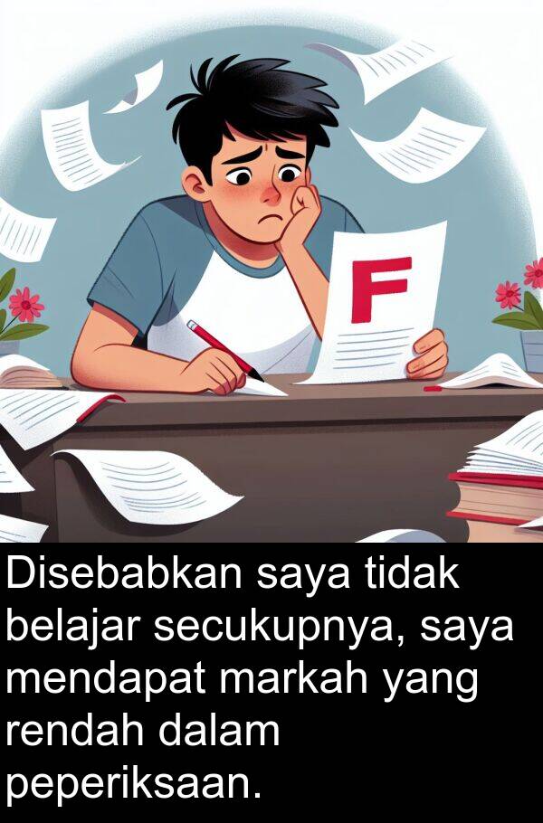 rendah: Disebabkan saya tidak belajar secukupnya, saya mendapat markah yang rendah dalam peperiksaan.