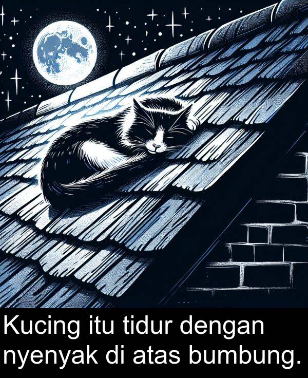 atas: Kucing itu tidur dengan nyenyak di atas bumbung.