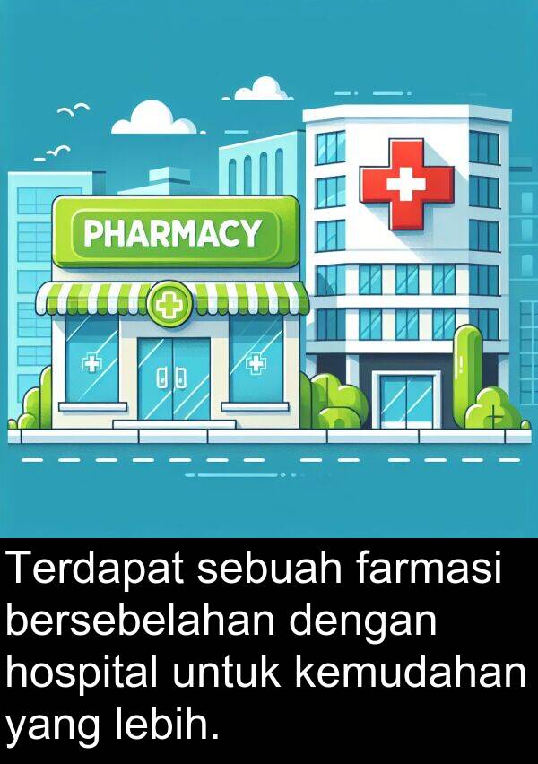 kemudahan: Terdapat sebuah farmasi bersebelahan dengan hospital untuk kemudahan yang lebih.