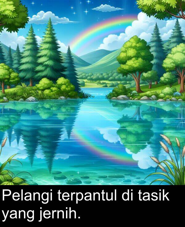 tasik: Pelangi terpantul di tasik yang jernih.