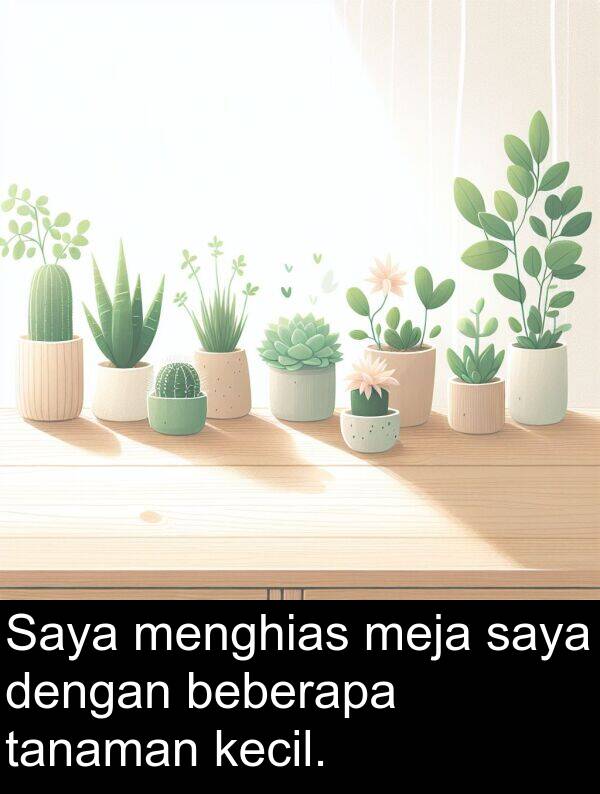 menghias: Saya menghias meja saya dengan beberapa tanaman kecil.