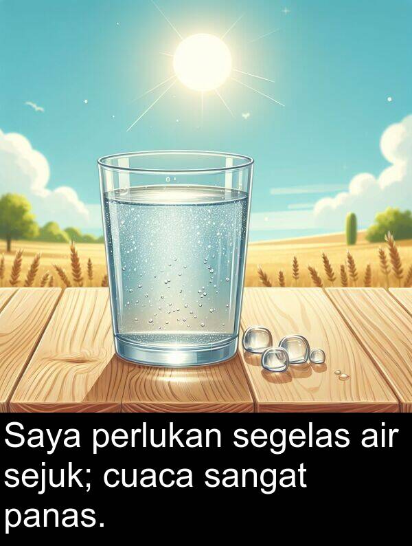 air: Saya perlukan segelas air sejuk; cuaca sangat panas.
