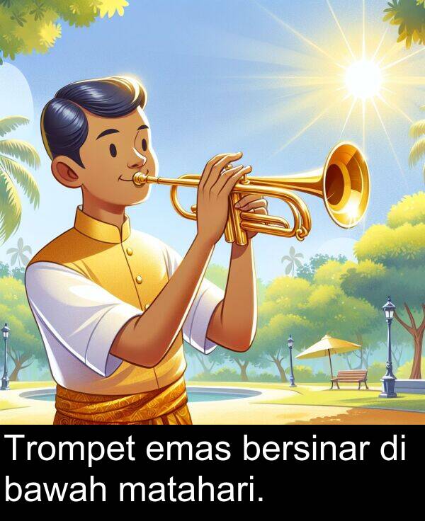 bawah: Trompet emas bersinar di bawah matahari.