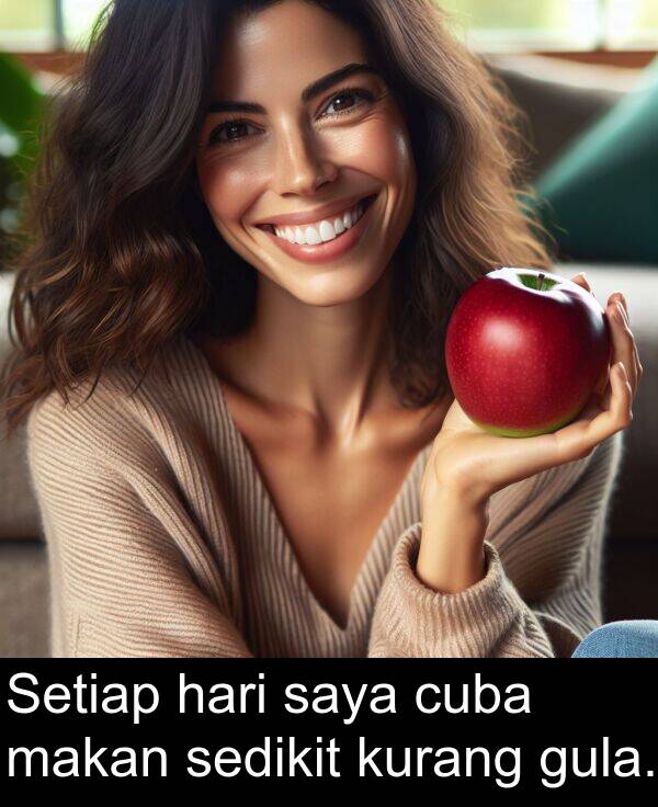 kurang: Setiap hari saya cuba makan sedikit kurang gula.