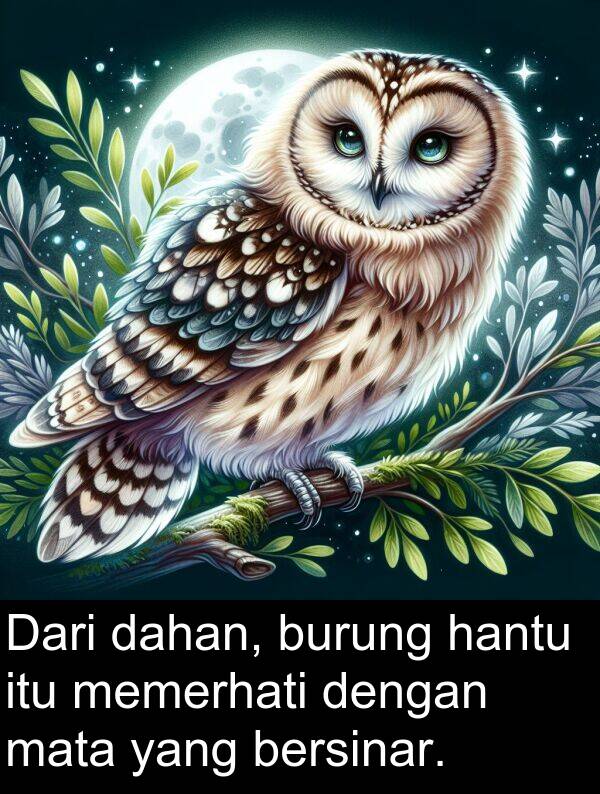 dahan: Dari dahan, burung hantu itu memerhati dengan mata yang bersinar.