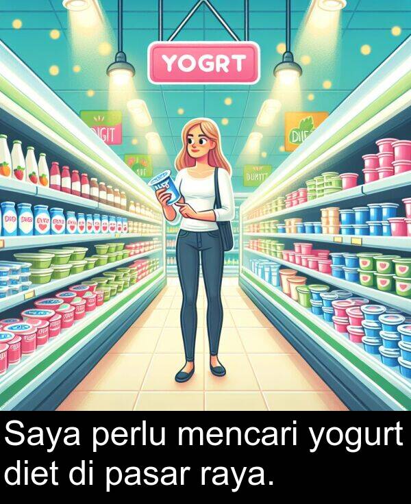 mencari: Saya perlu mencari yogurt diet di pasar raya.