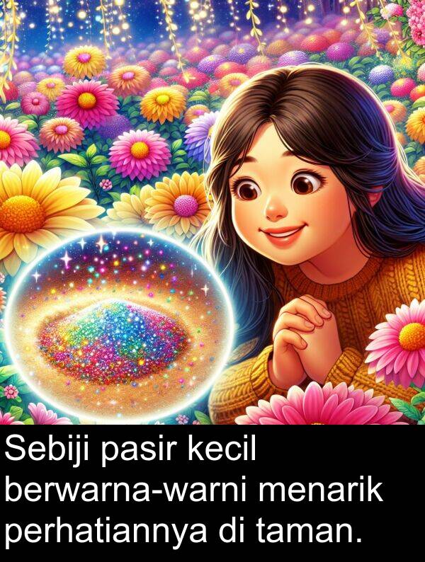pasir: Sebiji pasir kecil berwarna-warni menarik perhatiannya di taman.