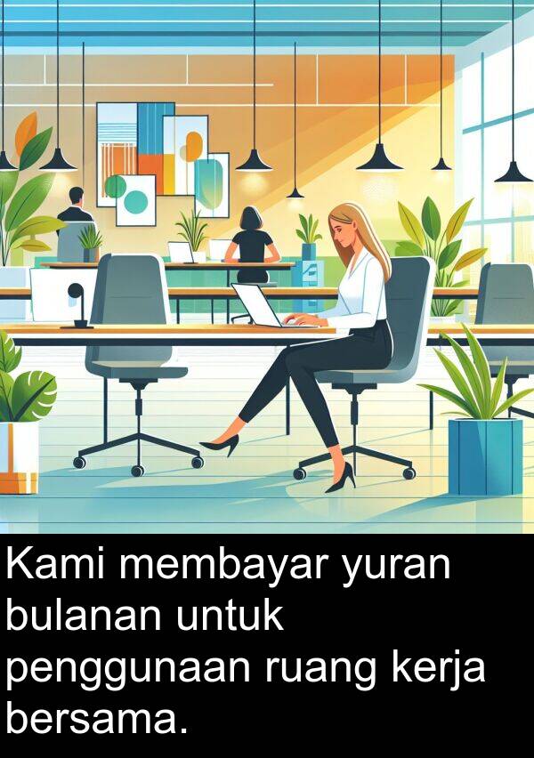 ruang: Kami membayar yuran bulanan untuk penggunaan ruang kerja bersama.