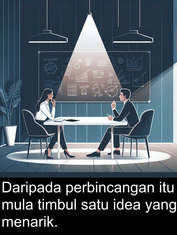 menarik: Daripada perbincangan itu mula timbul satu idea yang menarik.