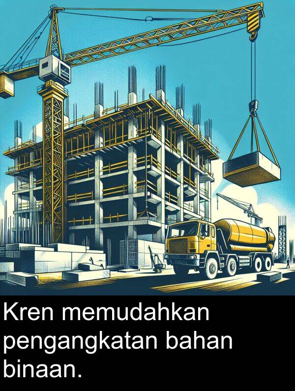 memudahkan: Kren memudahkan pengangkatan bahan binaan.