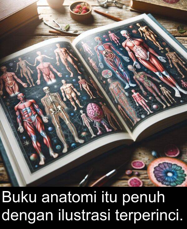 penuh: Buku anatomi itu penuh dengan ilustrasi terperinci.