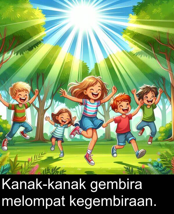gembira: Kanak-kanak gembira melompat kegembiraan.