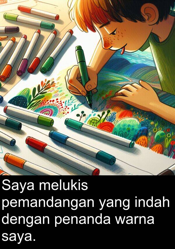 pemandangan: Saya melukis pemandangan yang indah dengan penanda warna saya.