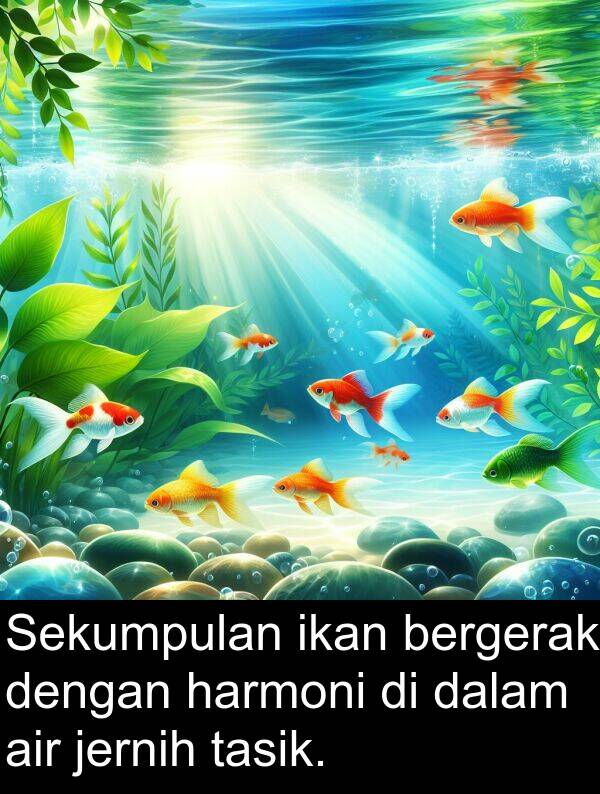 ikan: Sekumpulan ikan bergerak dengan harmoni di dalam air jernih tasik.