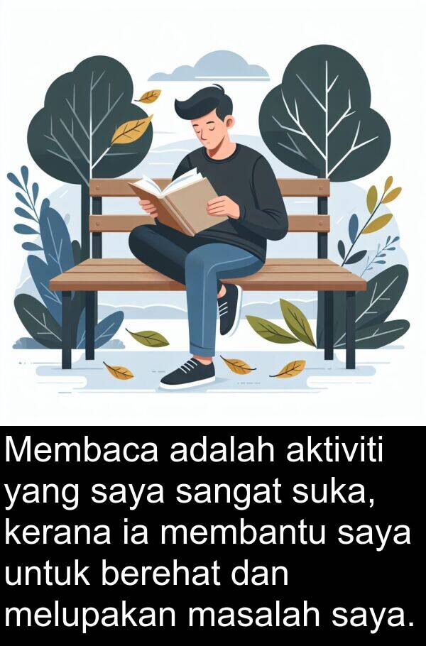 aktiviti: Membaca adalah aktiviti yang saya sangat suka, kerana ia membantu saya untuk berehat dan melupakan masalah saya.