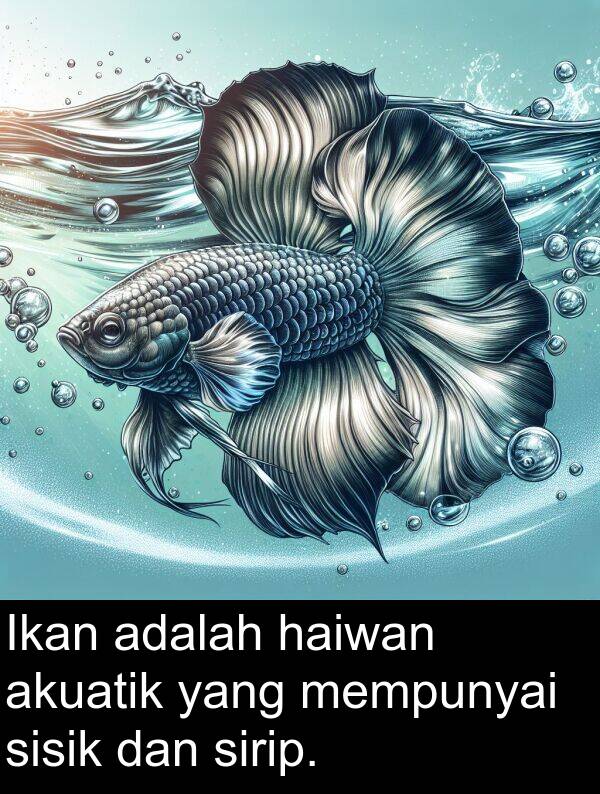 sisik: Ikan adalah haiwan akuatik yang mempunyai sisik dan sirip.