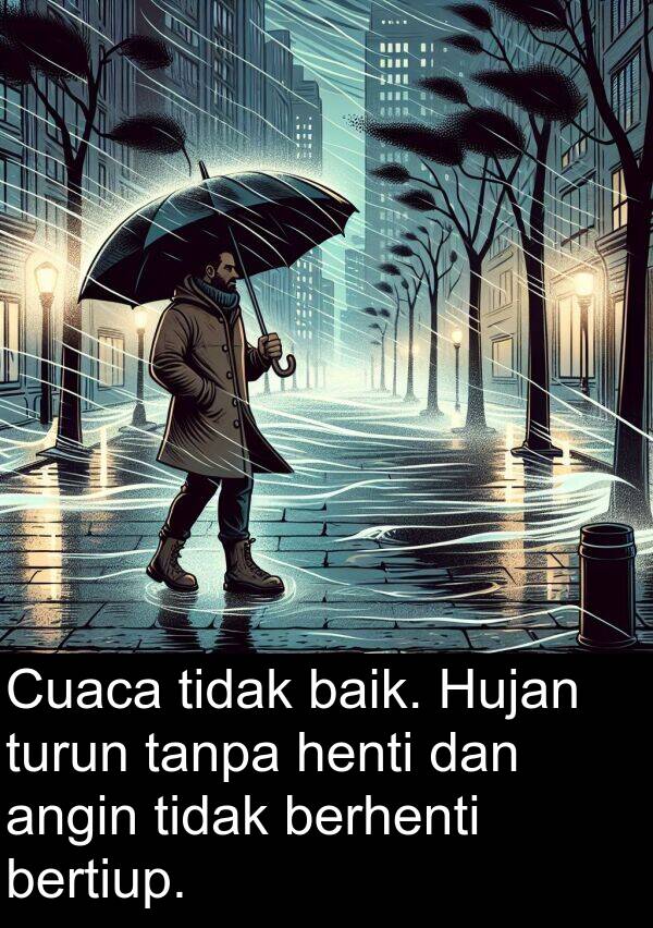 turun: Cuaca tidak baik. Hujan turun tanpa henti dan angin tidak berhenti bertiup.