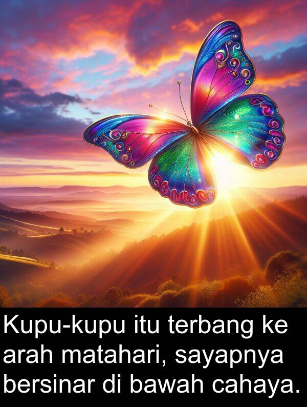 arah: Kupu-kupu itu terbang ke arah matahari, sayapnya bersinar di bawah cahaya.