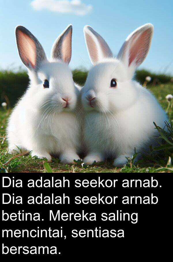 mencintai: Dia adalah seekor arnab. Dia adalah seekor arnab betina. Mereka saling mencintai, sentiasa bersama.