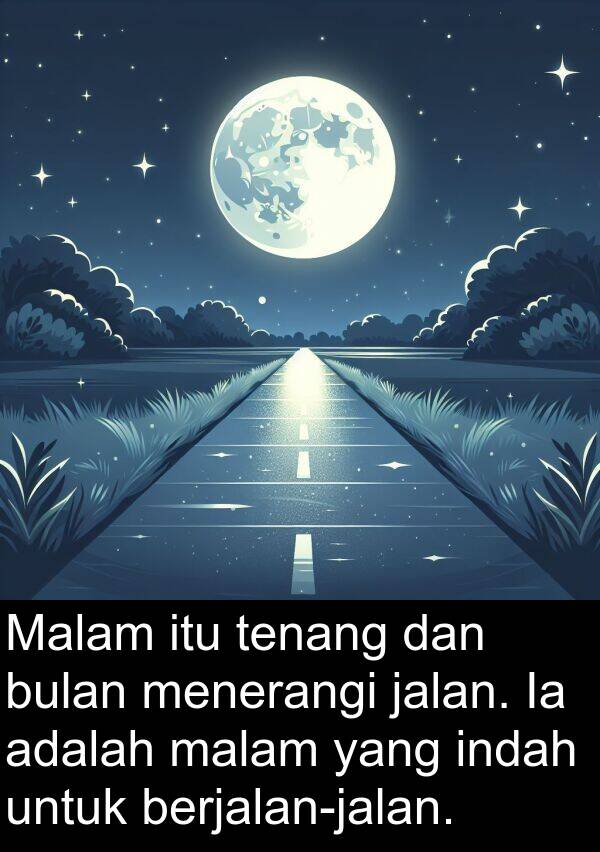 jalan: Malam itu tenang dan bulan menerangi jalan. Ia adalah malam yang indah untuk berjalan-jalan.