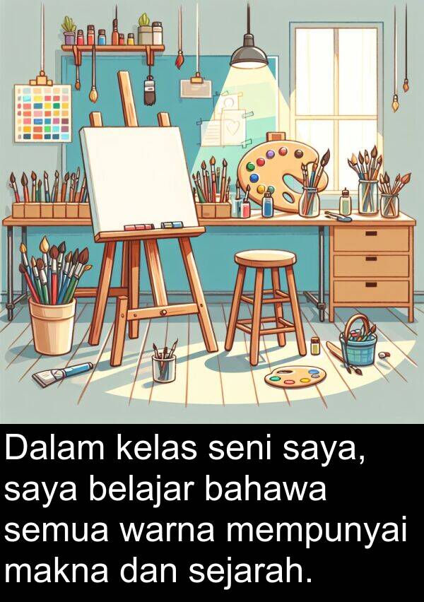 bahawa: Dalam kelas seni saya, saya belajar bahawa semua warna mempunyai makna dan sejarah.