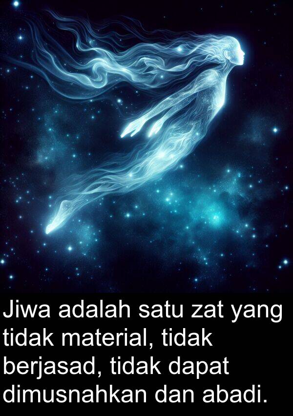 zat: Jiwa adalah satu zat yang tidak material, tidak berjasad, tidak dapat dimusnahkan dan abadi.