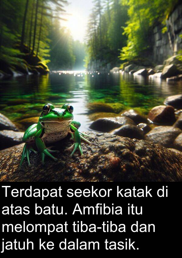 tasik: Terdapat seekor katak di atas batu. Amfibia itu melompat tiba-tiba dan jatuh ke dalam tasik.